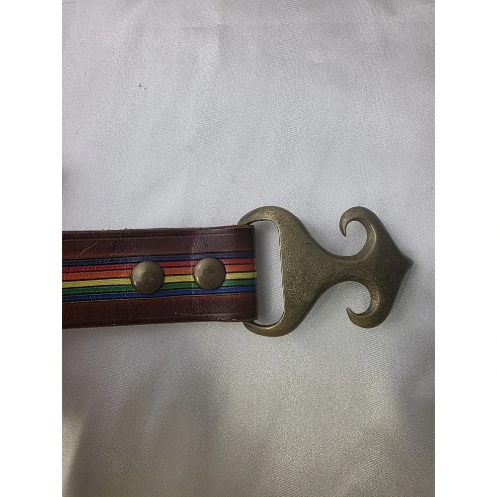 DUNCAN LAURIE Vintage Solid Brass Arrow BELT BUCKLE And Leather Belt 1971 Rainbo